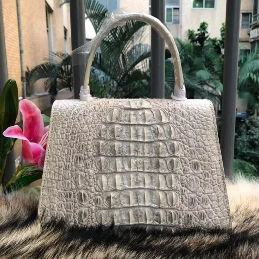 100% genuine real crocodile leather head skin women tote handbag Himalaya white color 2018 new design excellent skin lady tote