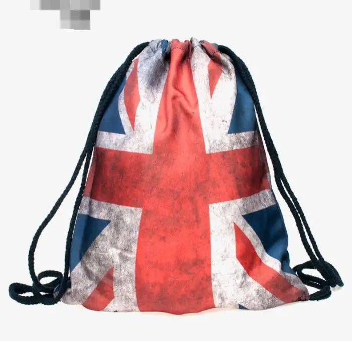 

1 piece retro 3D USA UK Flag Printing Drawstring Bag American Flag Backpack Printed Double Sides Schoolbag Bag