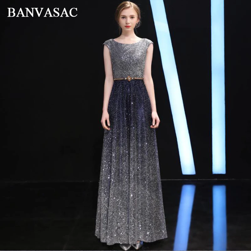 BANVASAC O Neck Gradient Sequined A Line Long Evening Dresses Elegant Lace Party Crystal Sash Backless Prom Gowns