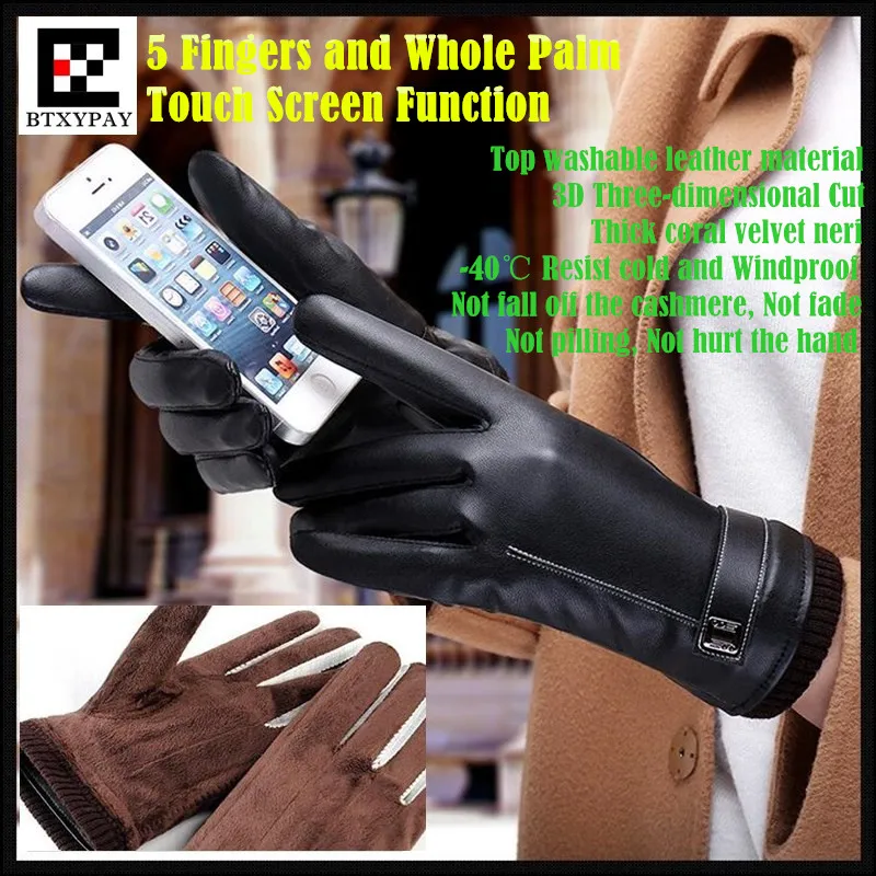 

200p!Men&Women Couple Winter Warm Resist Cold Cashmere Top Washable Leather PU Gloves,5 Fingers&Whole Palm Touch Screen Gloves