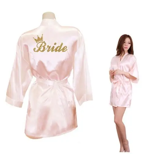 

Bride Crown Team Bride Golden Glitter Print Kimono Robes Faux Silk Women Bachelorette Wedding Preparewear Free Shipping