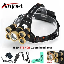 Anjoet-linterna frontal con zoom para exteriores, luz de emergencia de 20000 lúmenes CREE 5 LED XML T6 + 4 x XPE, para acampada, Caminata y Pesca