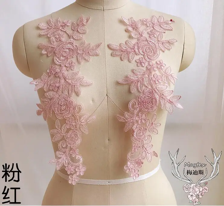 4 Pcs/2 Pairs 14.5*35cm Pink Gold Fabric Flower Venise Lace Sewing Applique Hot Sale Lace Collar Neckline Collar Free Shipping