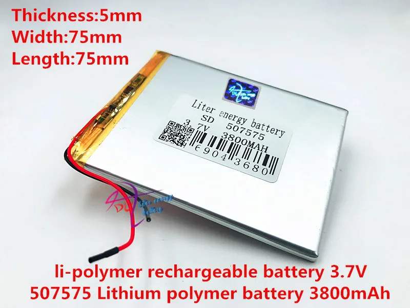 3.7V 3800mah 507575 Polymer Lithium Li-Po Rechargeable Battery For GPS  DVD PAD e-book tablet pc power bank