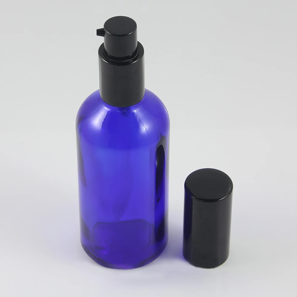 

20pcs 100ml blue Glass lotion Bottle With aluminum shiny black pump for lotion , empty blue 100ml lotion cream glass container