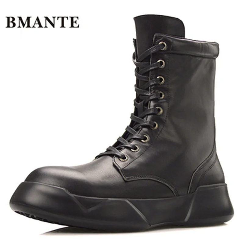 Men Shoes Casual Genuine Leather Male High Top Ankle Boots Solid Flats Spring Black Shoes Trainers Lace-Up Zip Sneaker