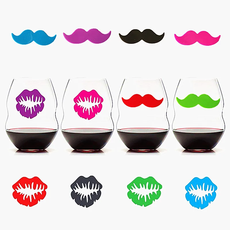 12 Pieces Colorful Reusable Lips Mustache Silicone Sticky Wine Glass Charm Tags Funny Wine Glass Markers Christmas Decorations