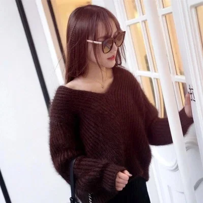 

New V Plush mink cashmere sweater collar female head Korean fashion Strapless loose knit gold free shipping