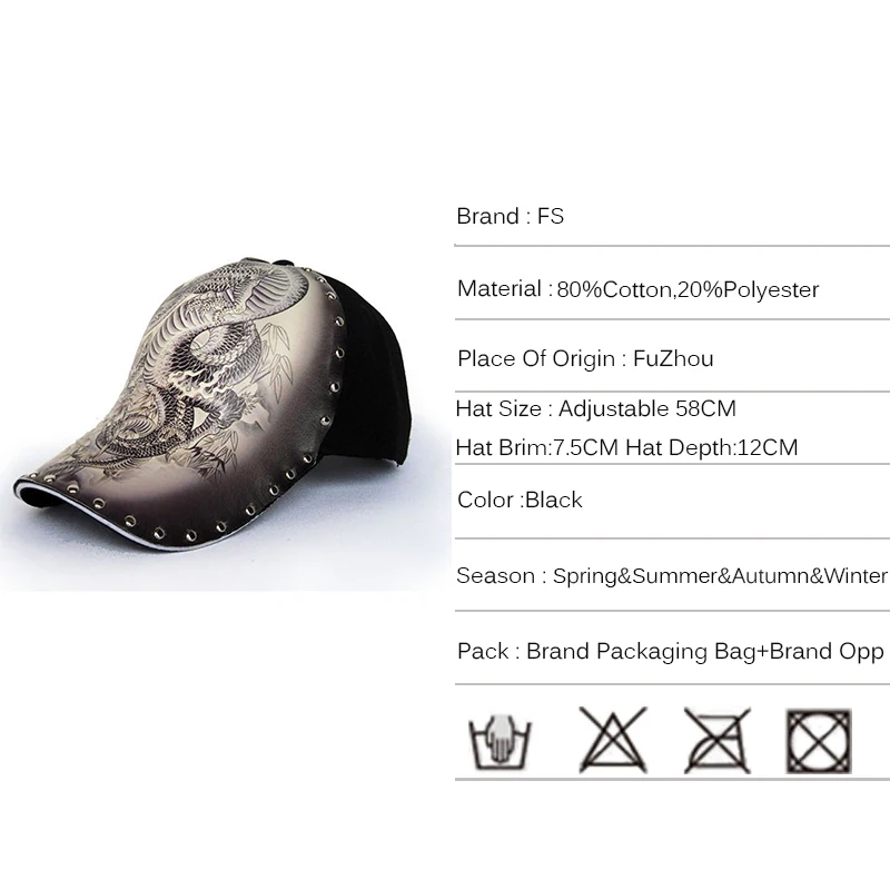 FS Brand 3D Printing Chinese Dragon Baseball Hat For Women Street Snapback Hip Hop Cap With Rivet Winter Men Caps And Hats Bone