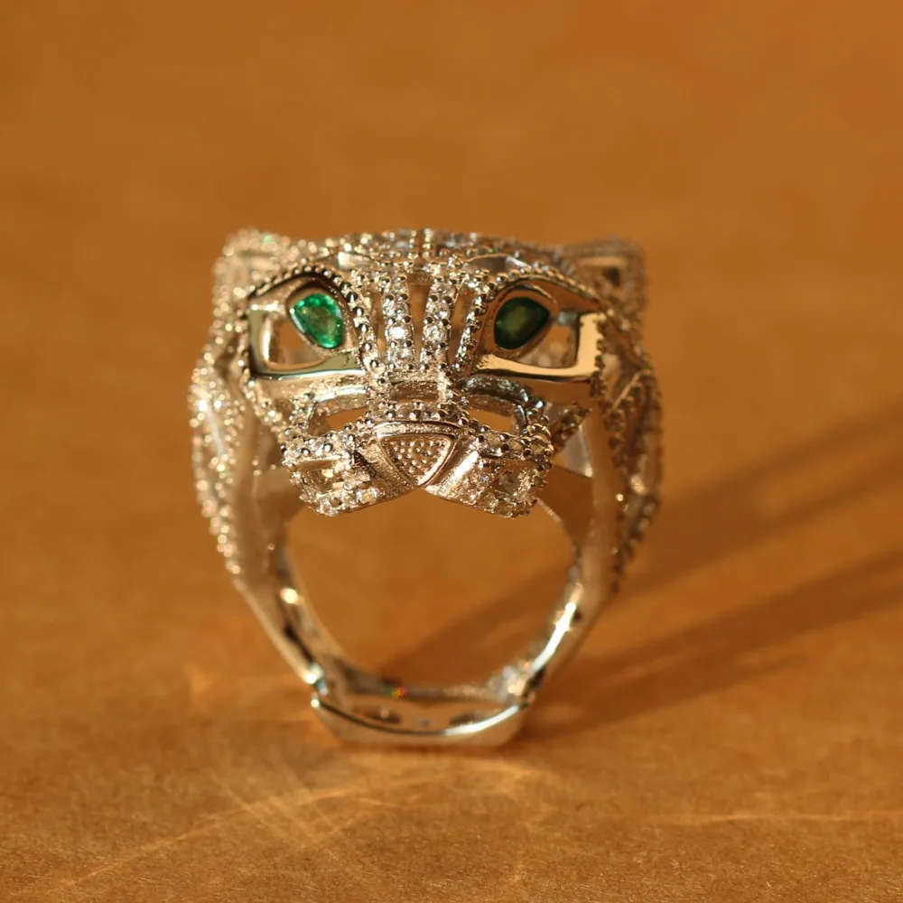 Silver Panther Ring For Women men 925 Sterling Silver Green Eyes Leopard finger Cubic Zirconia Ringen Party Jewelry Fine Jewelry