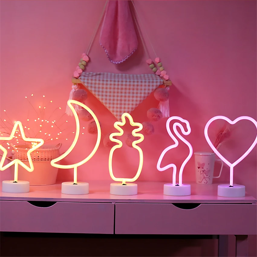 Korean Modern Table Lamps Neon Bedroom Furnished with Love Unicorn Decorative Lanterns Christmas Tree Personality Table Lights