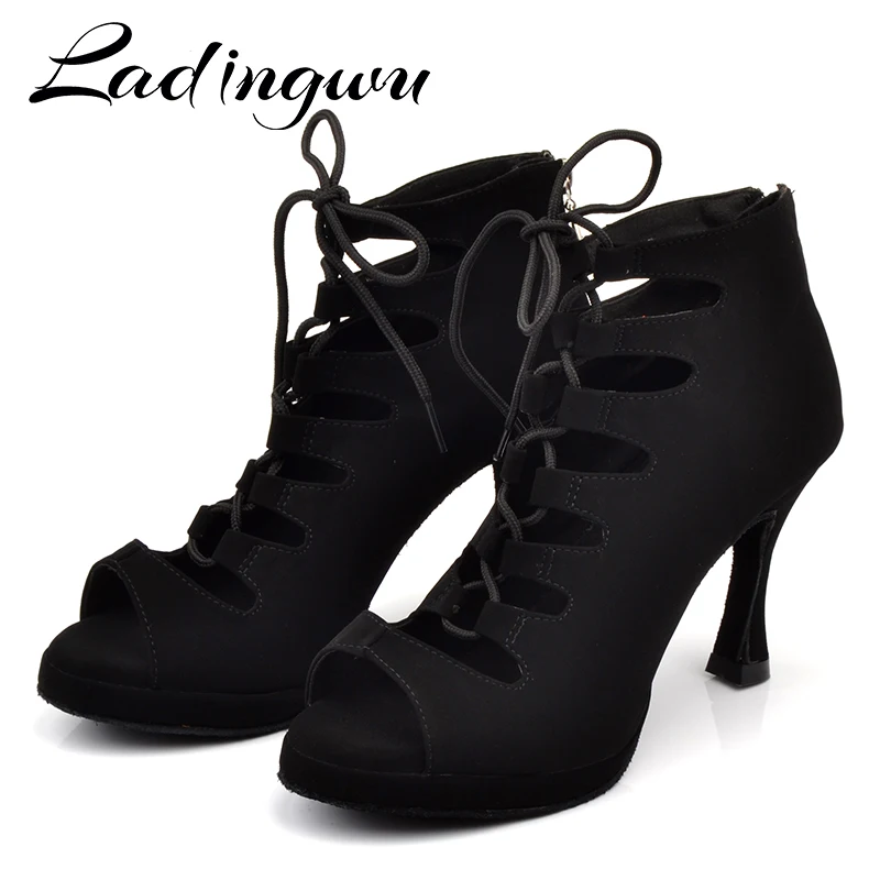 Ladingwu-tênis de dança feminino, sapatos confortáveis de flanela para salão de baile, tango, preto, 9cm, câmera