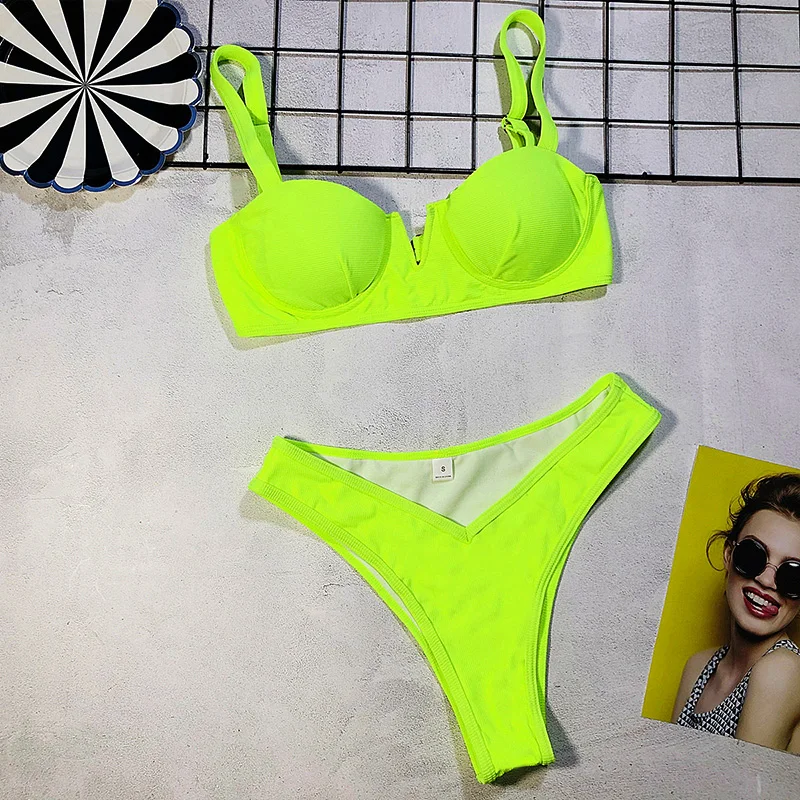 Bikini de cintura alta con aros para mujer, traje de baño acanalado con realce, color verde neón, conjunto de dos piezas, 2024