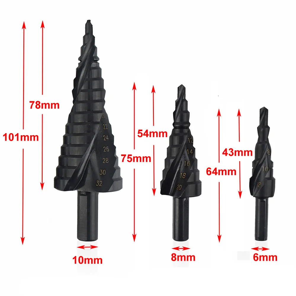 HSS Cobalt Step Drills Nitrogen High Speed Steel Spiral for Metal Cone Drill Bit Set Triangle Shank Hole Cutter