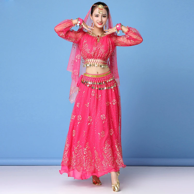 Halloween Women Dance Clothes Sari Performance Indian Outfit Bollywood Belly Dance Costumes Set (Top+belt+skirt+veil+headpiece)