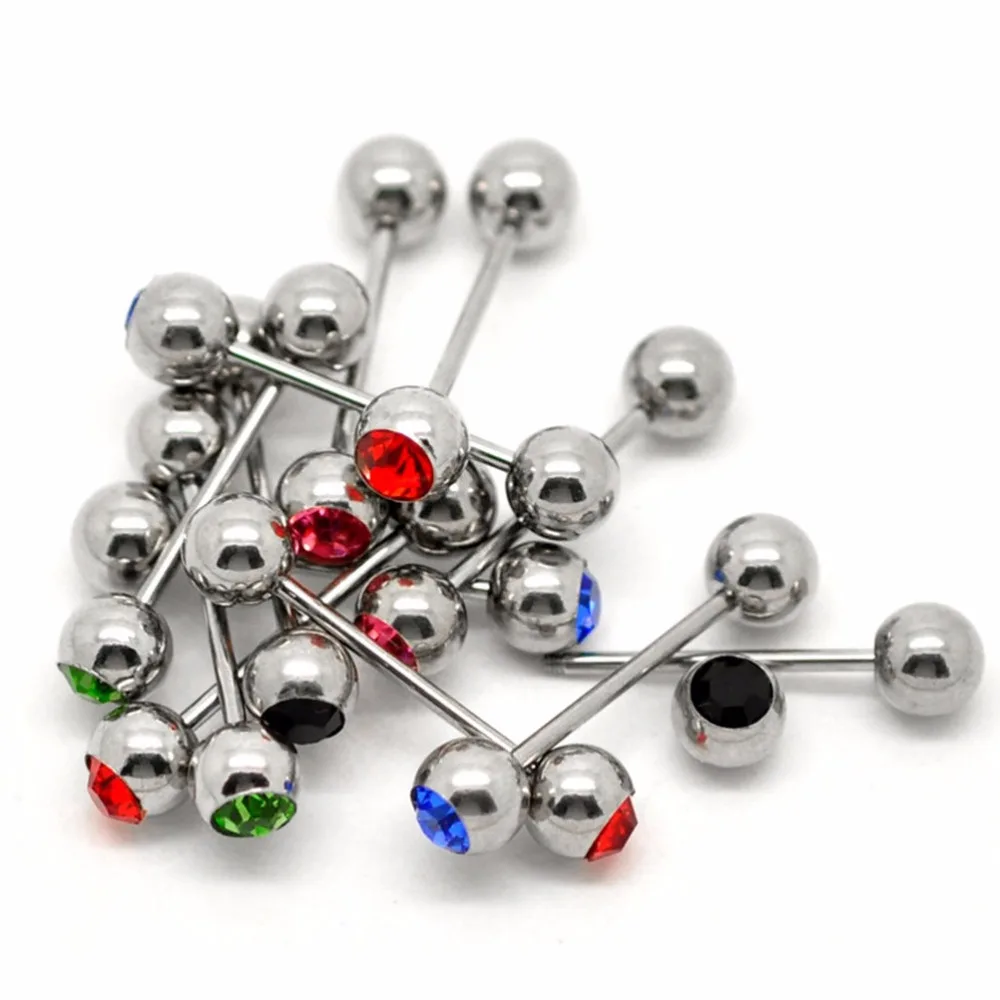 Wholesales Crystal Ball Tongue Bars Ring Barbell Piercing Stainless Steel Body Jewelry 5Pcs Wholesale New Mixed Colors