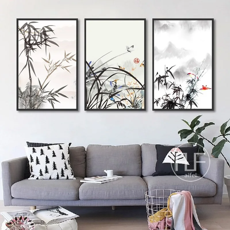 

Chiese Style Ink Bamboo Orchid Painting Modular Canvas Art Flowers Wall Pictures for Living Room Modern Home Decoration No Frame