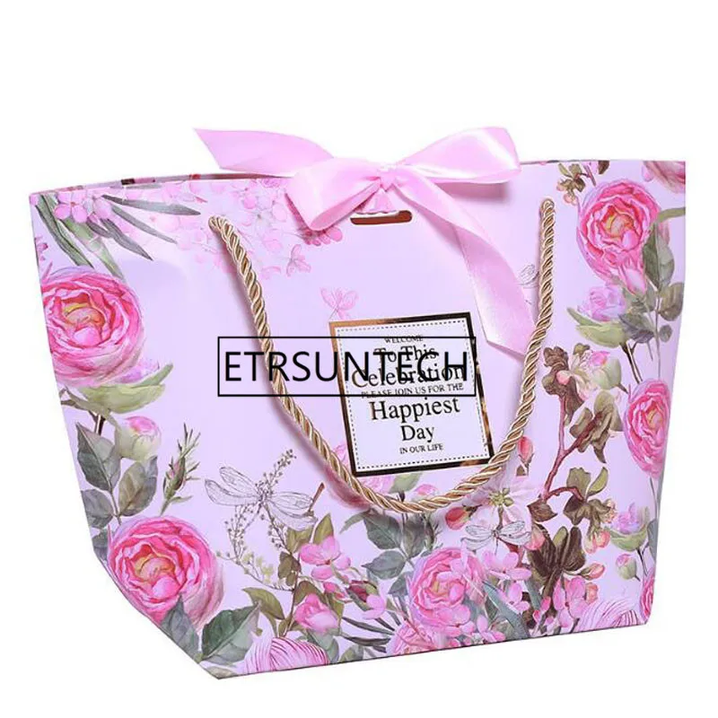 

European Flower Ship-type Paper Gift Bag With Gold Ribbon Bowknot Wedding Birthday Party Favor And Gift