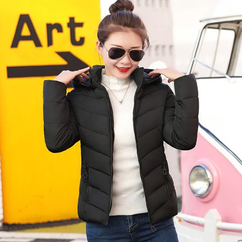 UHYTGF Winter Parka Women Autumn Down Jacket Big Size Hooded Coat Thick Warm Short Outerwear Female Cotton Padded Basic Top 165