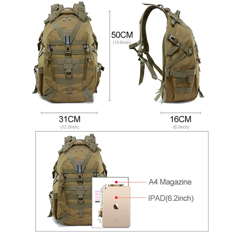 40L Camping Backpack Bag Men Travel Bags Tactical Molle Climbing Rucksack Hiking Men Outdoor Reflective Hunting School Bag