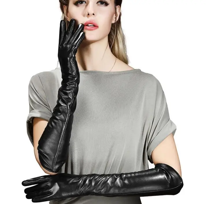 

Women's autumn winter long genuine leather glove lady's long warm natural sheepskin leather driving glove 45cm R413