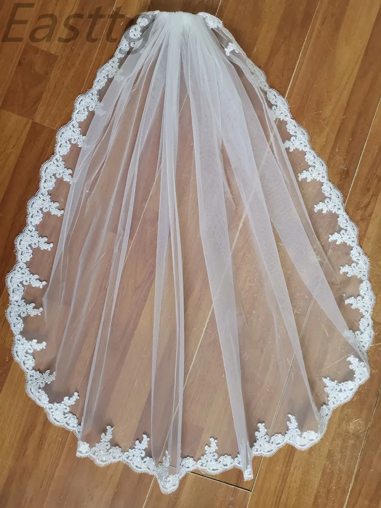 Velo de boda corto con borde de encaje de 90cm, velo de novia de tul de una capa con peine, accesorios de boda baratos, Veu de Noiva