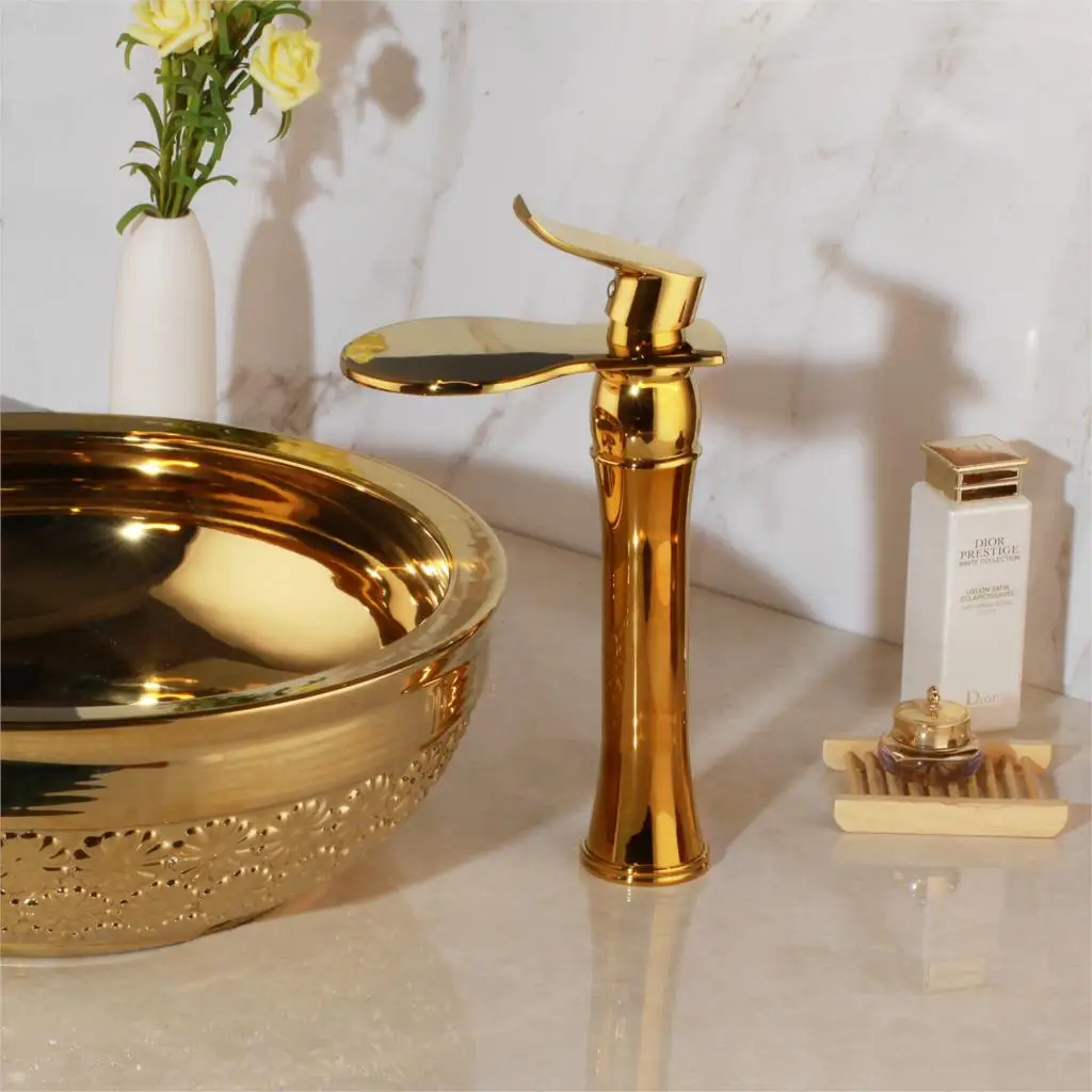 KEMAIDI Luxury Golden Plated Bathroom Basin Sink Faucet Tall Faucets Single Lever Waterfall Mixer Deck Mounted Brass Tap