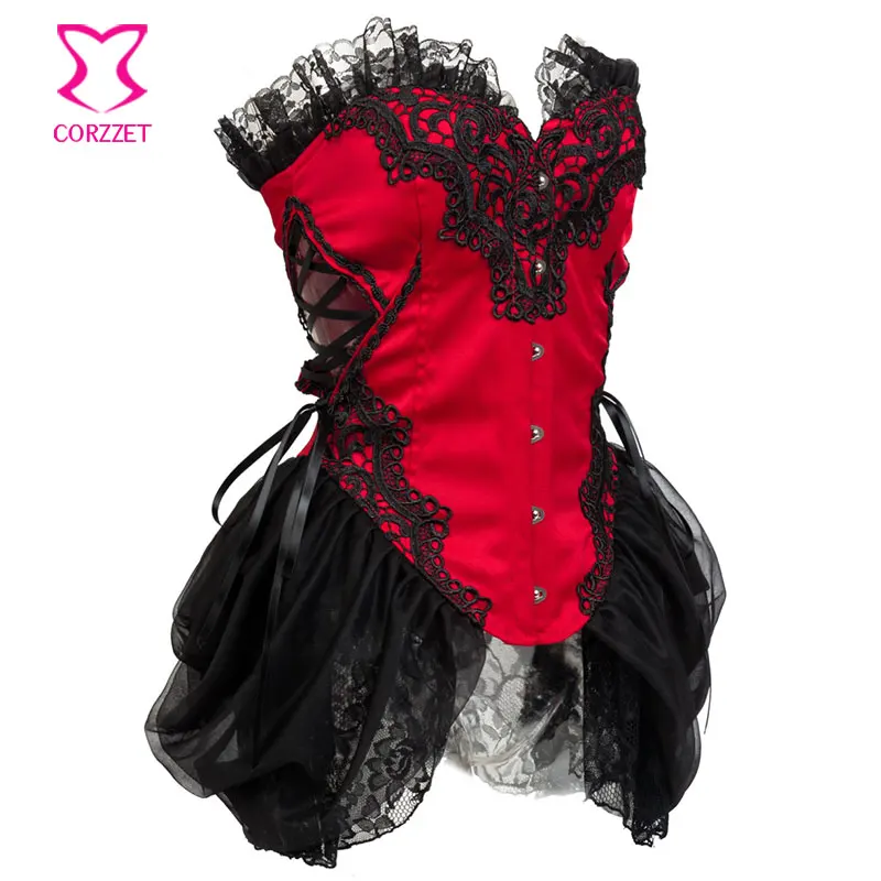 Red & Black Victorian Lace Skirted Corset Steampunk Gothic Clothing Women Sexy Corsets and Bustiers Overbust Corselet Lolita