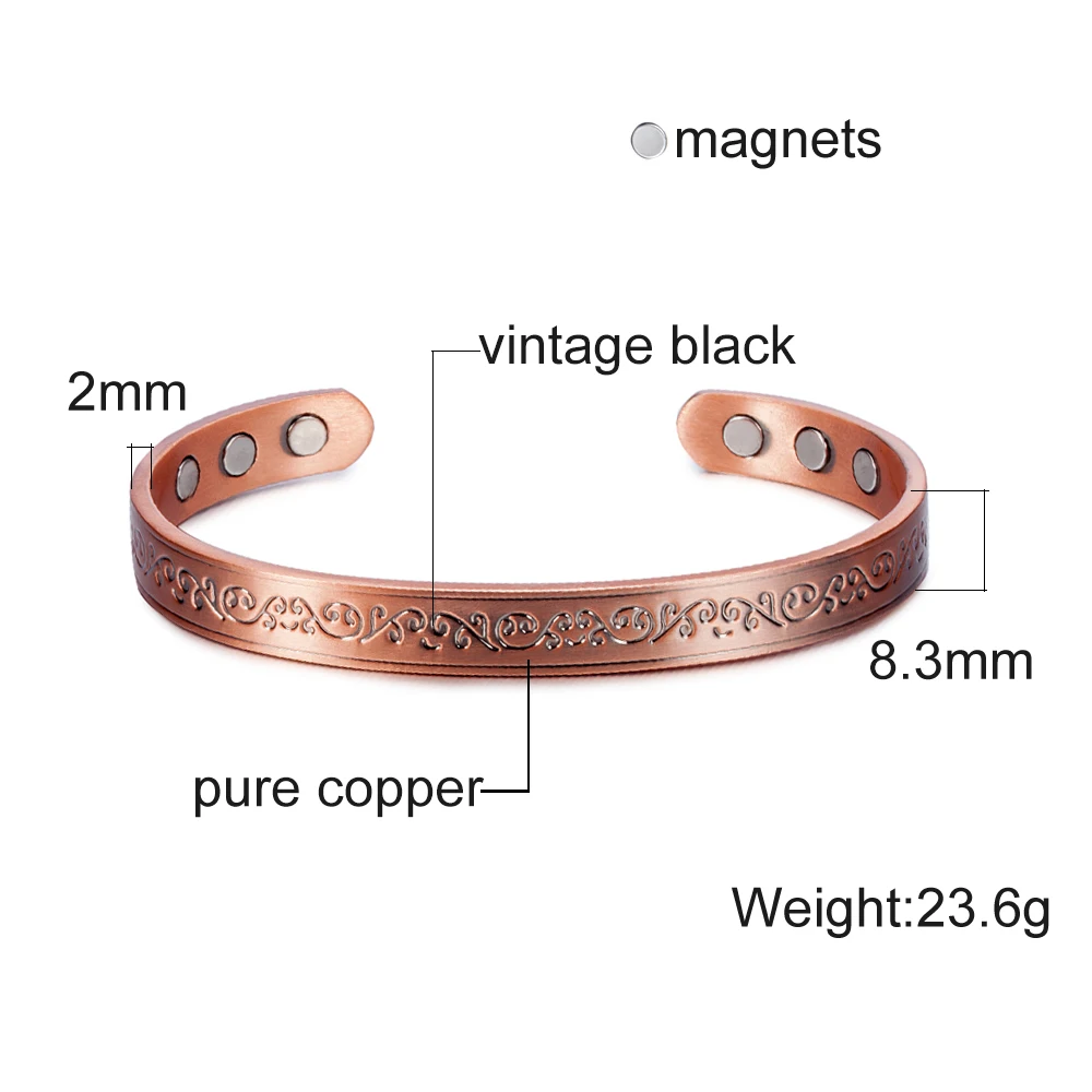 Vinterly Magnetic Bracelets Pure Copper Unisex Health Energy Bangles Vintage Flower Adjustable Open Cuff Jewelry Women Resizable