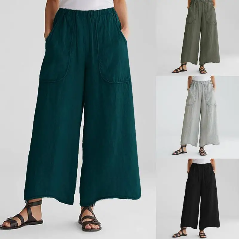 Pantalon à jambes larges pour femme, mode confortable, loisirs, décontracté, taille élastique, poches, couleur unie, jambes amples, automne 2020