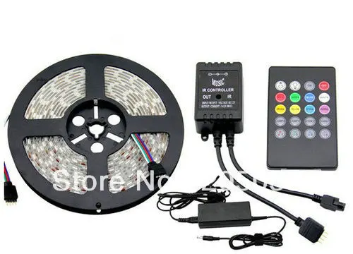 5M 5050SMD RGB 60Led/M 300Led non-Waterproof flexible led Strip light+20key IR Music Sound Sensitive remote Control+Power supply