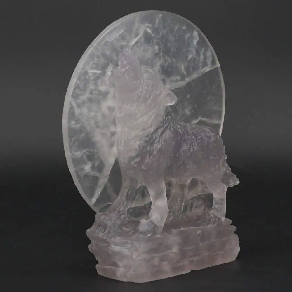 Wolf Statue Under The Moon Natural Gemstone Fluorite Crystal Healing Reiki Decor 5.1