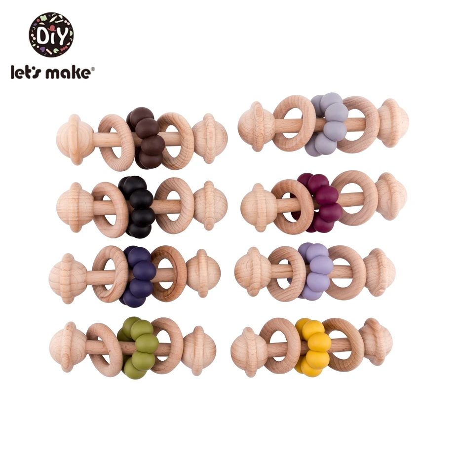 Let'S Make Wooden Rattle Silicone Wooden Teether Food Grade Toddler Activity Toys Baby Teether Wooden Ring Teething Toy