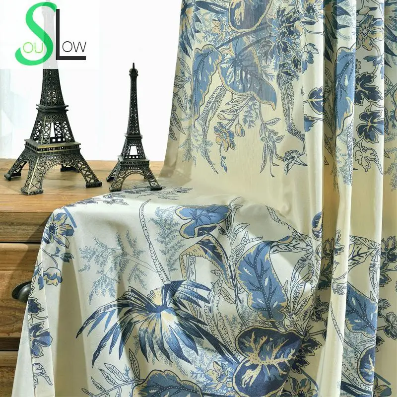 Slow Soul Blue Floral Chinese Garden Modern Curtain Curtains For Living Room Bedroom Ready Made Kitchen cotton Printed Cloth