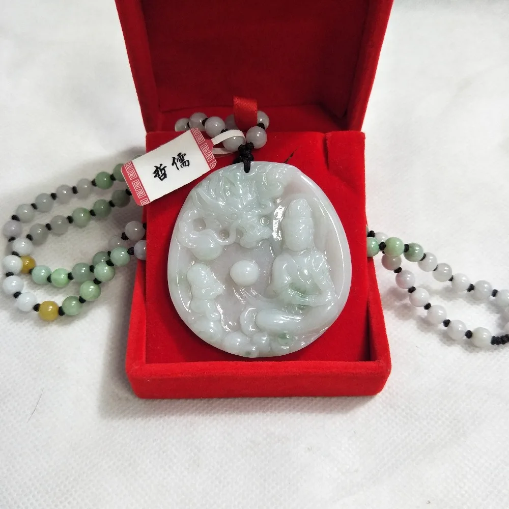 Zheru Jewelry The only pure natural A-class Jadeite two-color flying dragon Guanyin pendant Three-color jade jade necklace