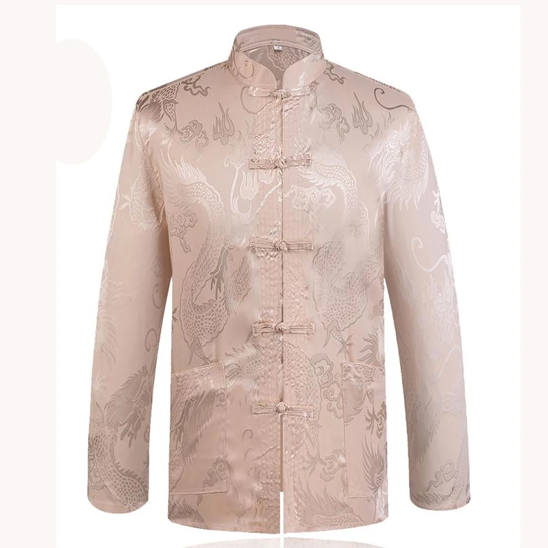 Merek Desain Tradisional Cina Pria Satin Mandarin Collar Naga Sutra Tang Perapi Pakaian Kung Fu Jaket Mantel YZT1205