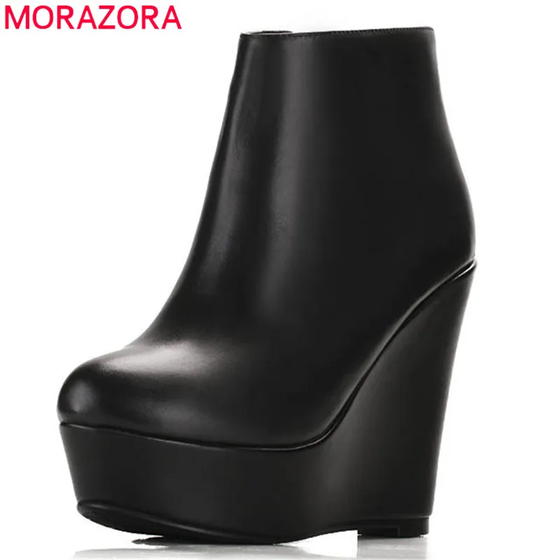 MORAZORA 2022 hot sale genuine leather boots round toe spring autumn ankle boots women platform fashion wedges high heels shoes