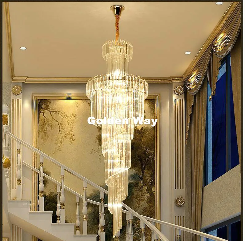 Modern D600mm H1800mm Golden Luxury Crystal Chandelier K9 Crystal For Staircase Hotel Lobby Double Floor Crystal E14*28 LED Lamp