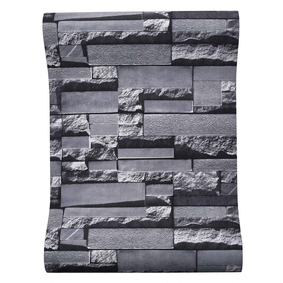 Papel de pared de PVC con efecto de ladrillo de piedra pizarra, vinilo lavable, Fondo para sala de estar, papel tapiz negro y gris