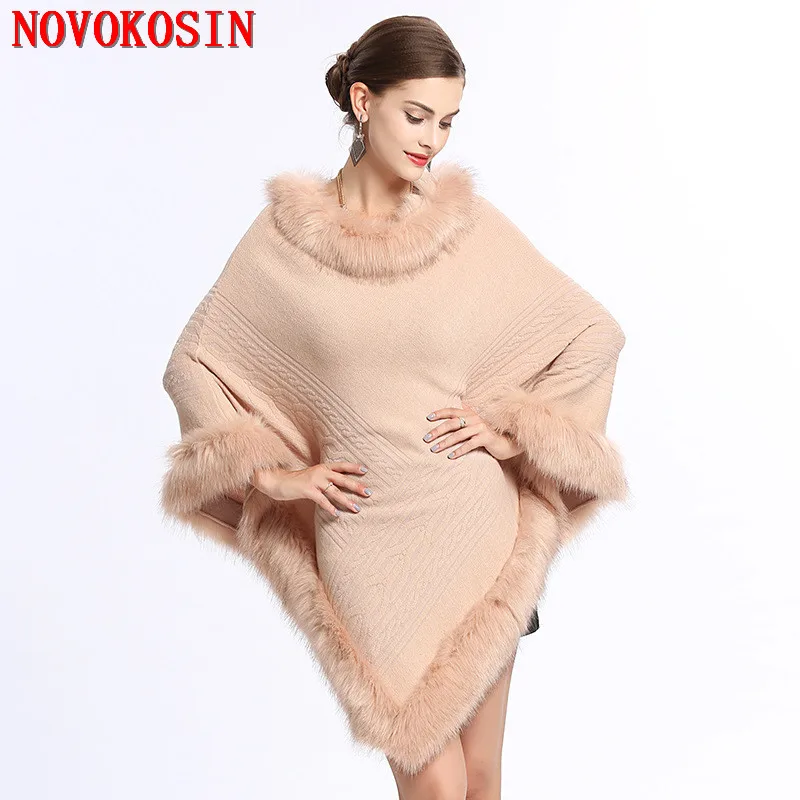 Winter Women Black Faux Cashmere Plus Size Triangle Shawl Outcoat Long Poncho Cape Faux Fox Fur Loose Pullovers Knitwear