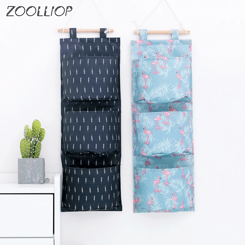 Flamingo Pattern Cotton Linen Hanging Storage Bag 3 Pockets Wall Mounted Wardrobe Hang Bag Wall Pouch Cosmetic Toys Organizer