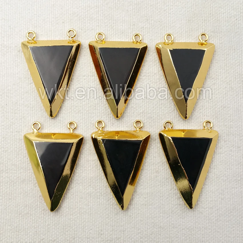 

WT-P1087 Natural Black stone Pendant with double loops ,24k Gold Electroplated Black Stone Triangle Pendants Jewelry Wholesale