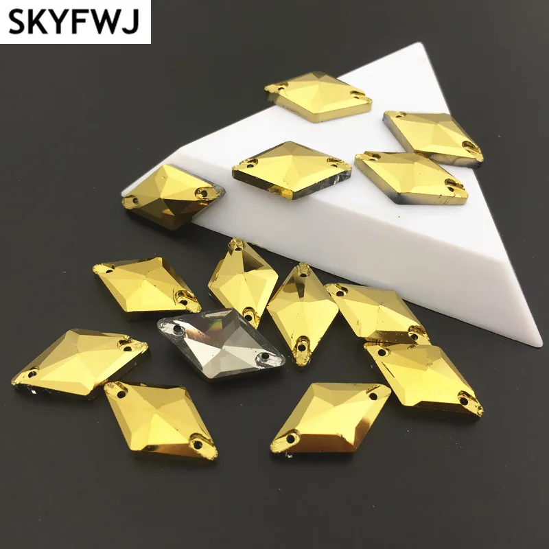 11x19mm Gold Hematite Color Glass Rhombus Shape Sew On Rhinestone Flatback Sewing Crystal Stones Dress Jewelry Making