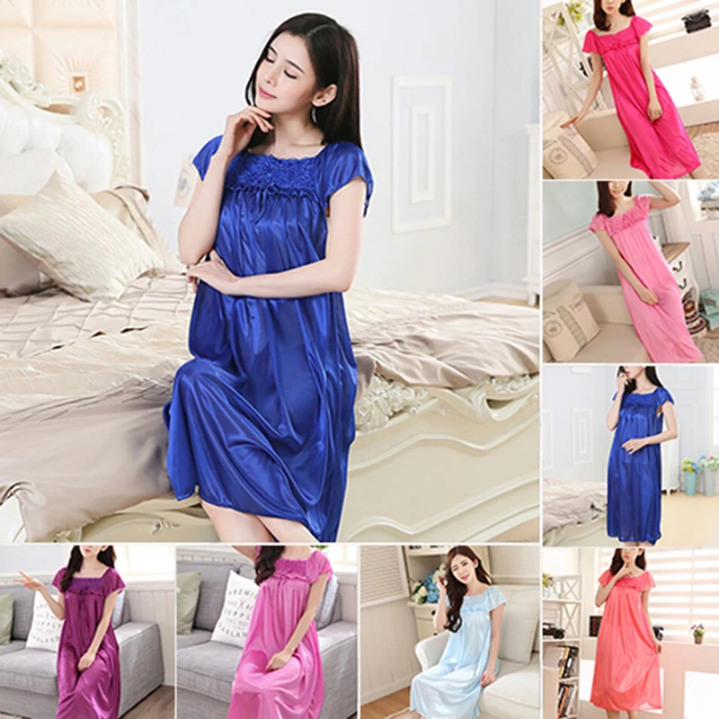 Ladies Sexy Women Long Silk Satin Night Dress Sleeveless Nighties Nightgown Nightdress Lace Sleepwear Nightwear For Women