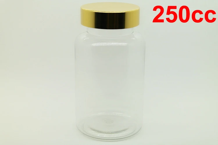 100PCS 250ML/250CC Transparent PET Bottle, Clear Plastic Bottle For Pill/Supplements/Vitamin/Capsule- Screw Gold Cap