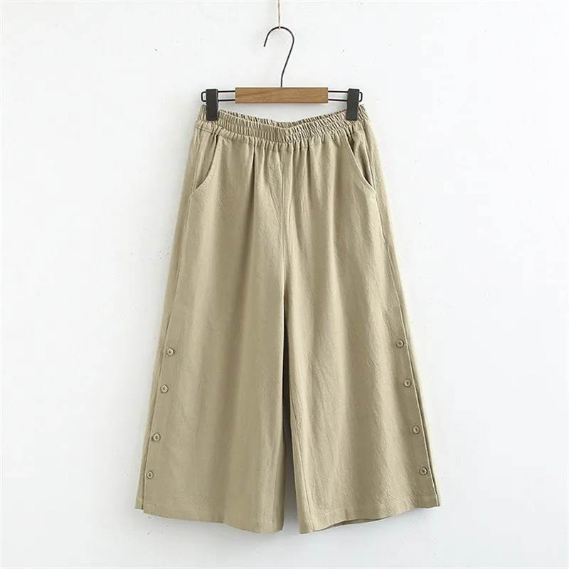 

2022 Summer Wide Leg Pants Women's Washed Linen High Waist Casual Pants Female Cozy Slim Elastic Waist Calf-Length Pants G112