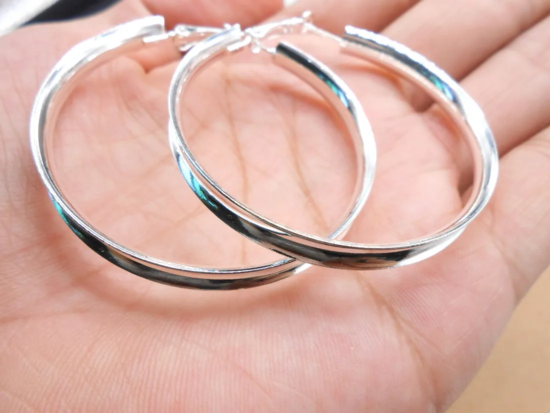 925 Silver colorSimple Smooth Ear Ring Big 50MM Circle Female Earrings Wholesale Fashion DZ