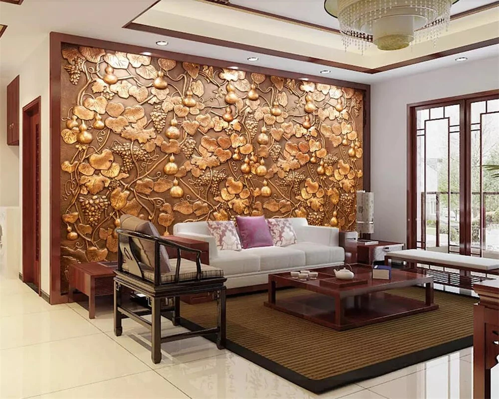 Beibehang Custom wallpaper copper embossed gourd vine TV background wall home decoration living room bedroom murals 3d wallpaper