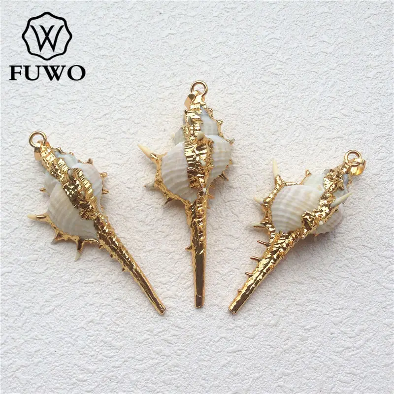 FUWO Natural Murex Shell Pendant With Golden Wrapped Genuine Spiky Trumpet Shell Pendant Beach Charms Jewelry Wholesale PD553