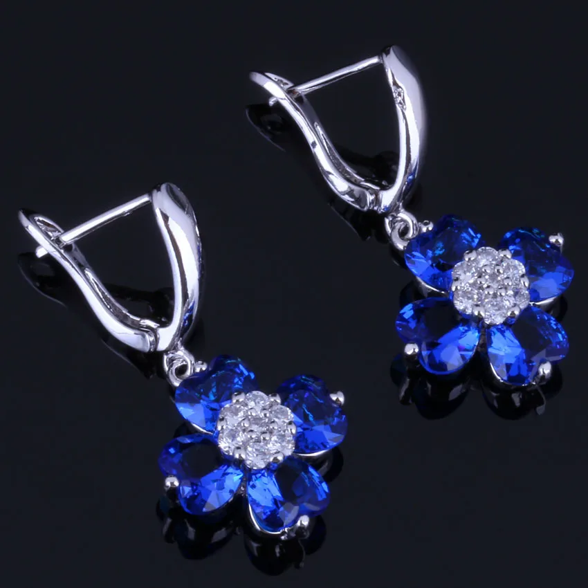 

Heart Shaped Blue Cubic Zirconia White CZ Silver Plated Drop Dangle Earrings V0770